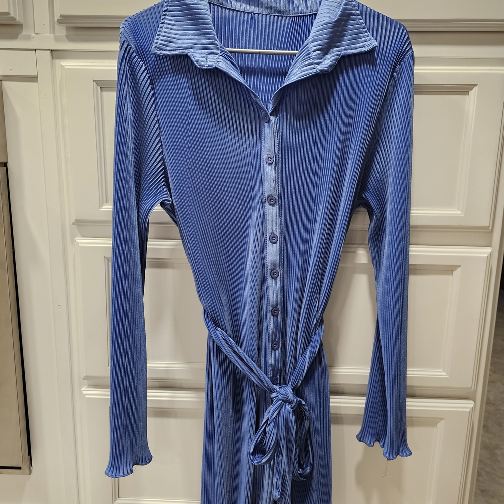 Blue Ribbed Button-Up Dress